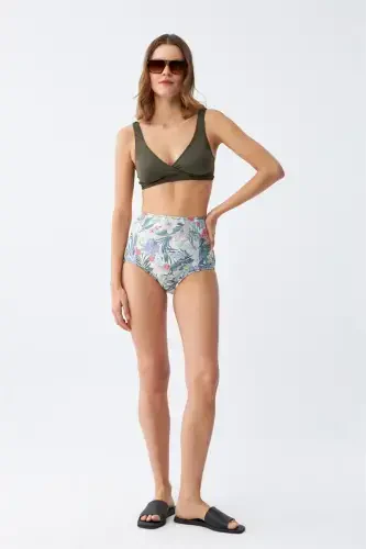 Akbeniz Women's Khaki Padded Top and High Waist Floral Patterned Bikini Set - 2