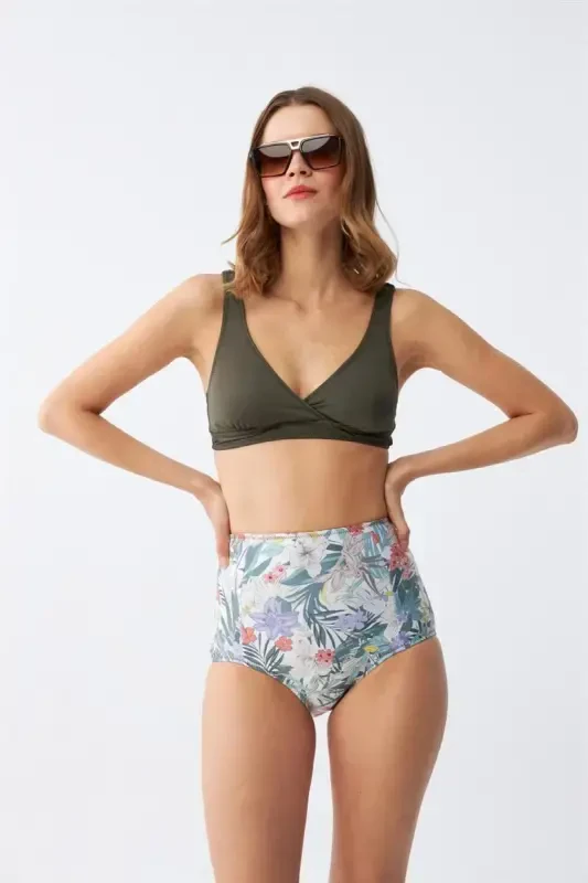 Akbeniz Women's Khaki Padded Top and High Waist Floral Patterned Bikini Set - 3