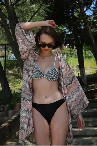 Akbeniz Women's Kimono Pareo Beach Dress Milk Coffee 38040 - 7