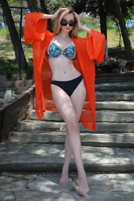Akbeniz Women's Kimono Pareo Beach Dress Orange 38040 - 14