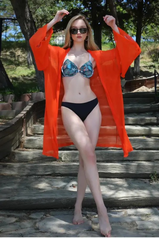 Akbeniz Women's Kimono Pareo Beach Dress Orange 38040 - 1