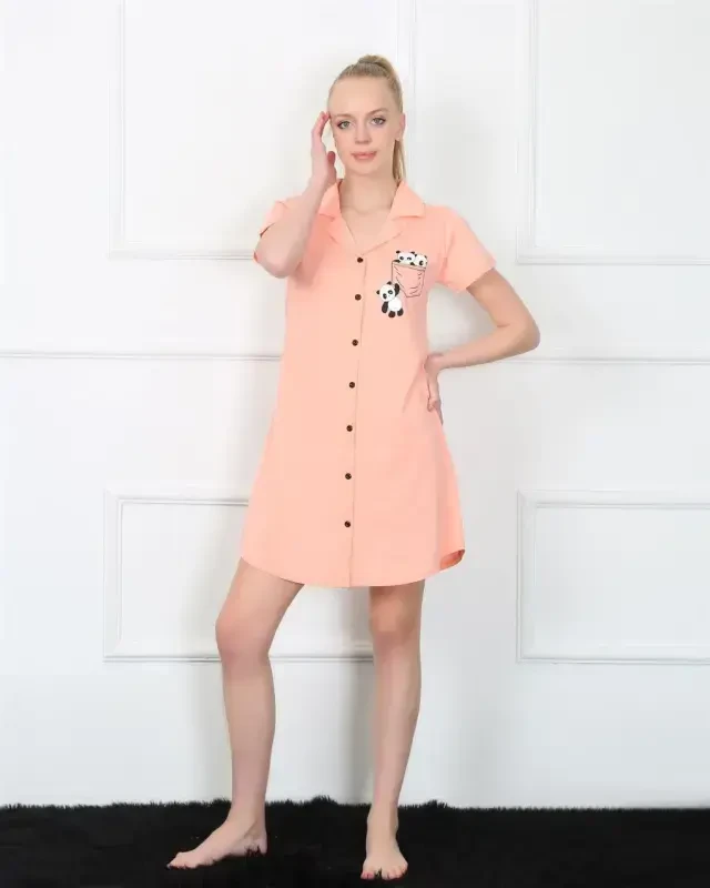 Akbeniz Women's Knitted Buttoned Pink Tunic Nightgown 1032 - 2