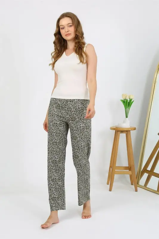 Akbeniz Women's Knitted Patterned Single Bottom Pajamas 27533 Khaki - AKBENIZ