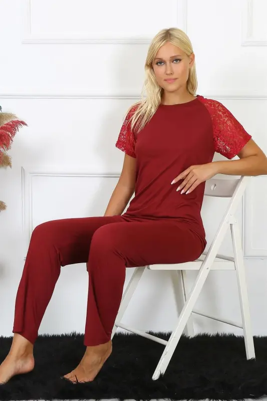Akbeniz Women's Lace-Trimmed Jersey Pajama Set 4152 - 7