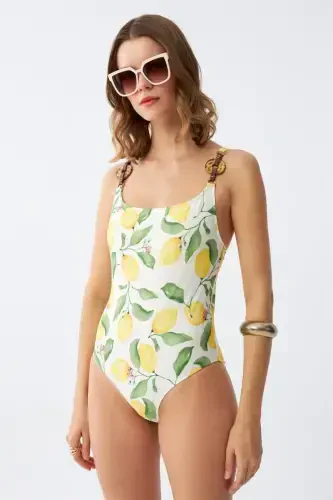 Akbeniz Women's Lemon Patterned Accessory Strap One Piece Swimsuit – Ecru - 3