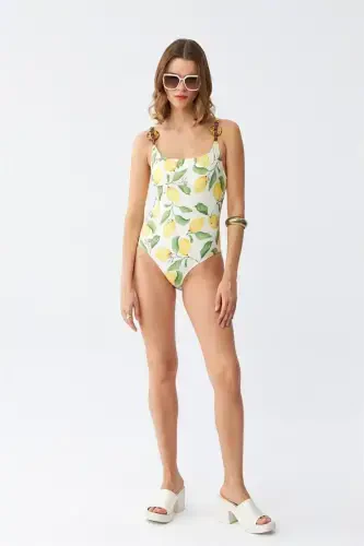 Akbeniz Women's Lemon Patterned Accessory Strap One Piece Swimsuit – Ecru - 4