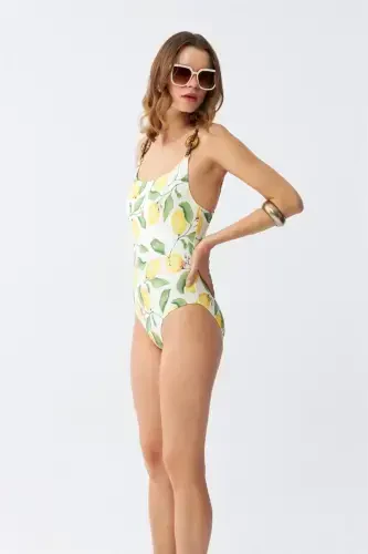 Akbeniz Women's Lemon Patterned Accessory Strap One Piece Swimsuit – Ecru - 5