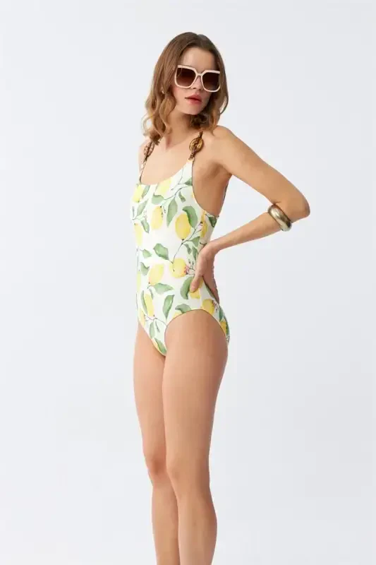 Akbeniz Women's Lemon Patterned Accessory Strap One Piece Swimsuit – Ecru - 5