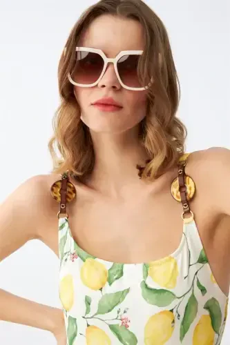 Akbeniz Women's Lemon Patterned Accessory Strap One Piece Swimsuit – Ecru - 6