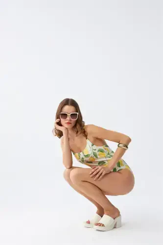 Akbeniz Women's Lemon Patterned Accessory Strap One Piece Swimsuit – Ecru - 7