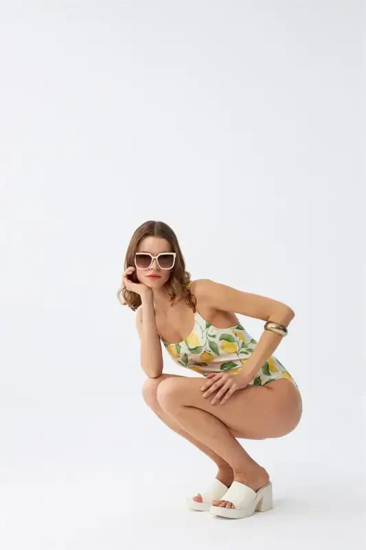 Akbeniz Women's Lemon Patterned Accessory Strap One Piece Swimsuit – Ecru - 7