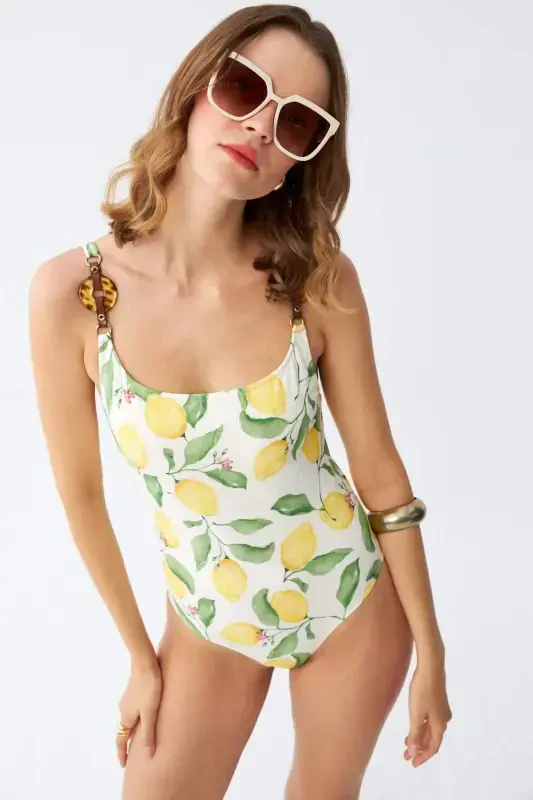 Akbeniz Women's Lemon Patterned Accessory Strap One Piece Swimsuit – Ecru - BÜYÜKBEDENIZ