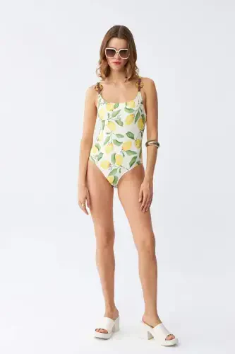 Akbeniz Women's Lemon Patterned Accessory Strap One Piece Swimsuit – Ecru - 4