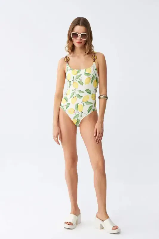 Akbeniz Women's Lemon Patterned Accessory Strap One Piece Swimsuit – Ecru - 4