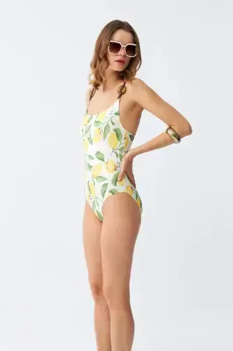 Akbeniz Women's Lemon Patterned Accessory Strap One Piece Swimsuit – Ecru - 5
