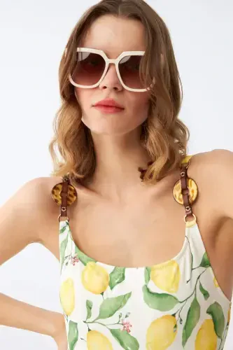 Akbeniz Women's Lemon Patterned Accessory Strap One Piece Swimsuit – Ecru - 6