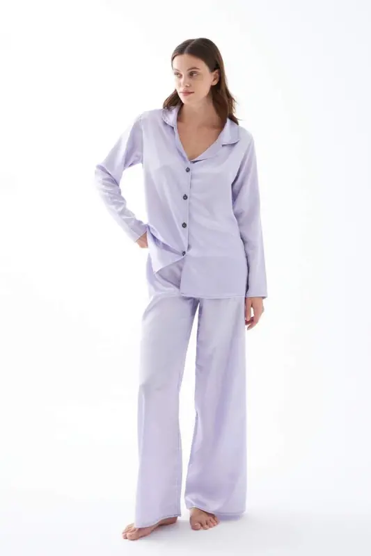 Akbeniz Women's Lilac Oversize Satin Pajama Set - 3