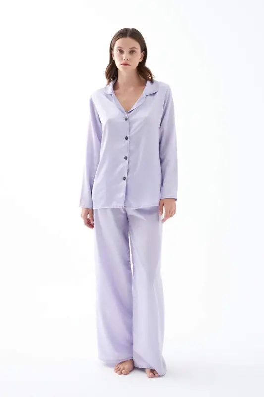 Akbeniz Women's Lilac Oversize Satin Pajama Set - 2