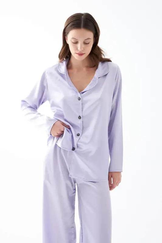 Akbeniz Women's Lilac Oversize Satin Pajama Set - 4