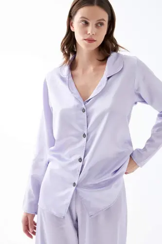 Akbeniz Women's Lilac Oversize Satin Pajama Set - 5