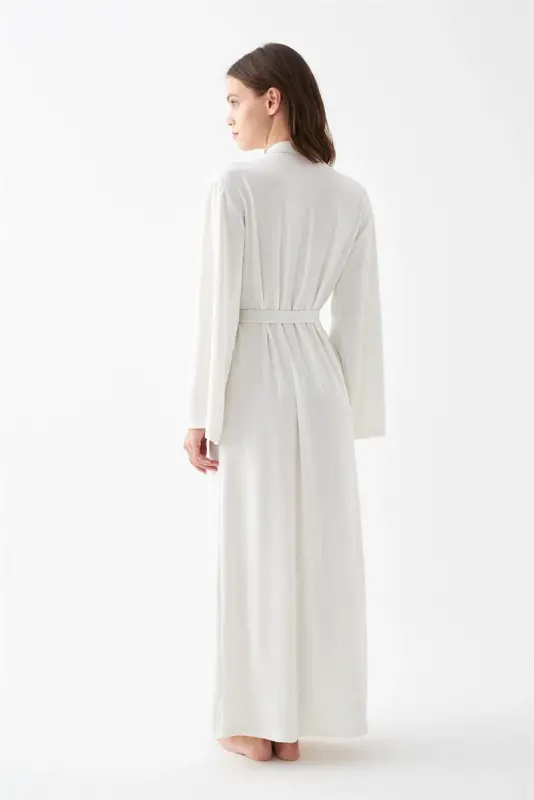 Akbeniz Women's Long Ecru Combed Cotton Dressing Gown - 1