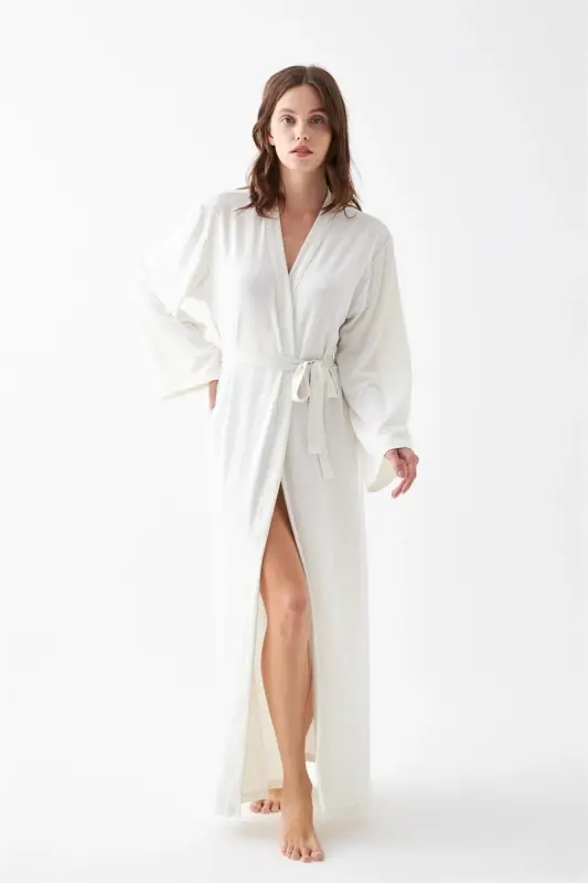 Akbeniz Women's Long Ecru Combed Cotton Dressing Gown - 4