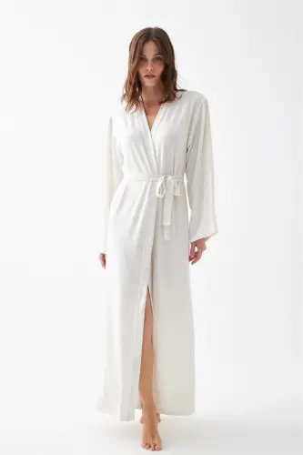 Akbeniz Women's Long Ecru Combed Cotton Dressing Gown - 5
