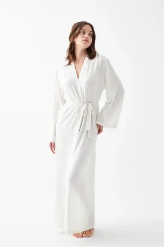 Akbeniz Women's Long Ecru Combed Cotton Dressing Gown - 7