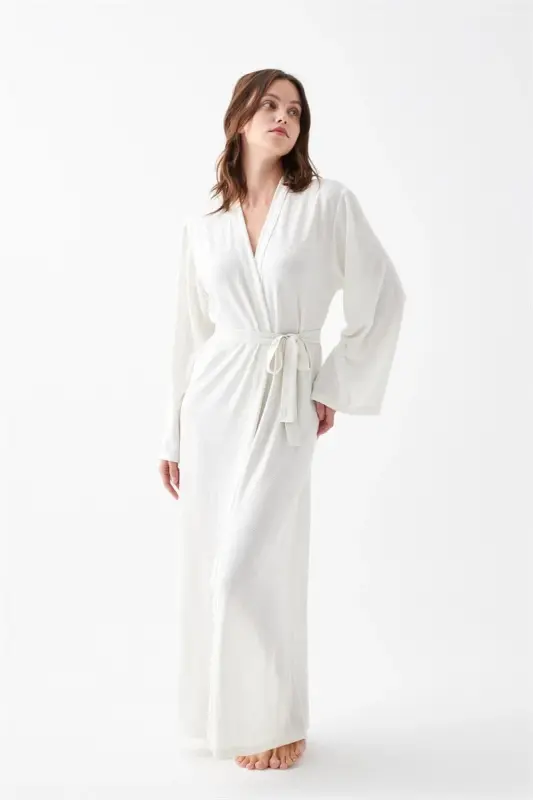 Akbeniz Women's Long Ecru Combed Cotton Dressing Gown - 7