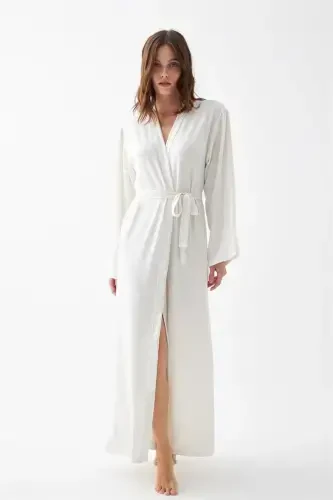 Akbeniz Women's Long Ecru Knitted Robe - 1