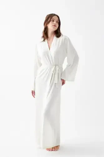 Akbeniz Women's Long Ecru Knitted Robe - 3