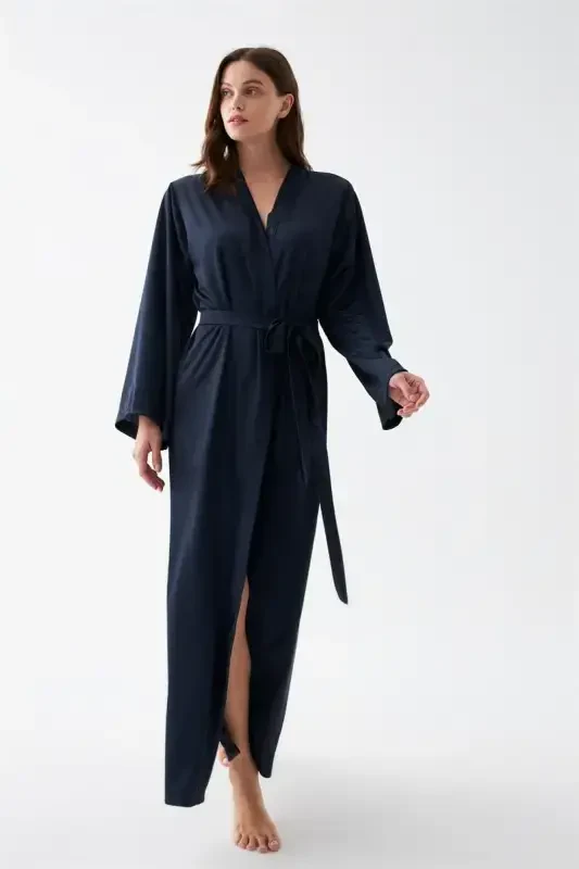 Akbeniz Women's Long Navy Blue Satin Robe - 1
