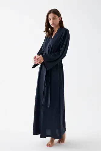 Akbeniz Women's Long Navy Blue Satin Robe - 3