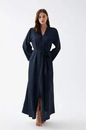 Akbeniz Women's Long Navy Blue Satin Robe - 4