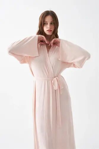 Akbeniz Women's Long Pink Combed Cotton Dressing Gown - Akbeniz (1)