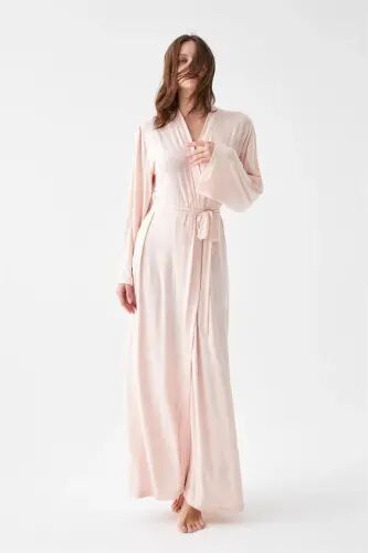 Akbeniz Women's Long Pink Combed Cotton Dressing Gown - 5