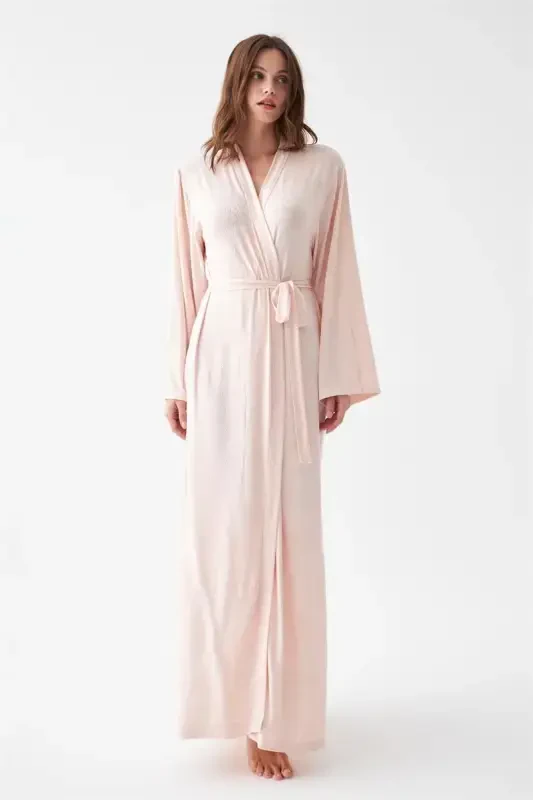 Akbeniz Women's Long Pink Knitted Robe - AKBENIZ