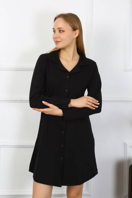 Akbeniz Women's Long Sleeve Buttoned Black Tunic Nightdress 13103 - 1