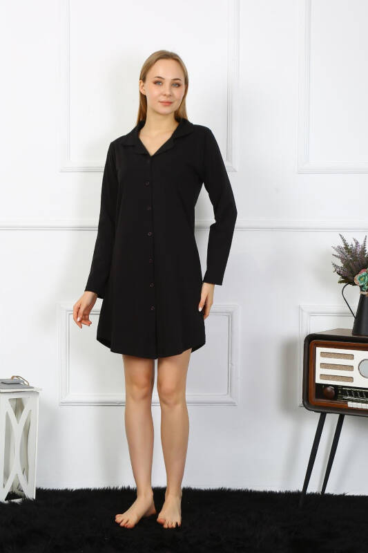 Akbeniz Women's Long Sleeve Buttoned Black Tunic Nightdress 13103 - 2