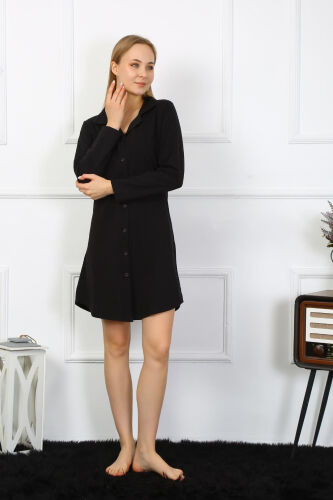 Akbeniz Women's Long Sleeve Buttoned Black Tunic Nightdress 13103 - 3