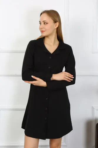 Akbeniz Women's Long Sleeve Buttoned Black Tunic Nightdress 13103 - Modazone