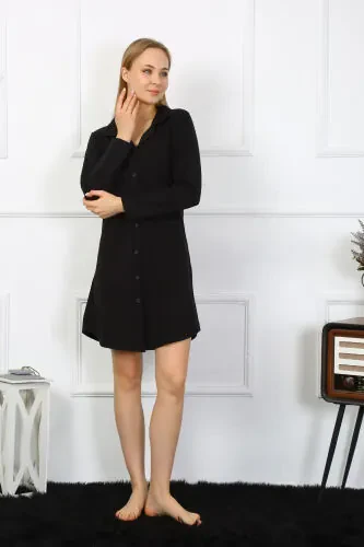 Akbeniz Women's Long Sleeve Buttoned Black Tunic Nightdress 13103 - 3