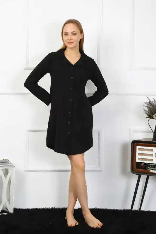Akbeniz Women's Long Sleeve Buttoned Black Tunic Nightdress 13103 - 4