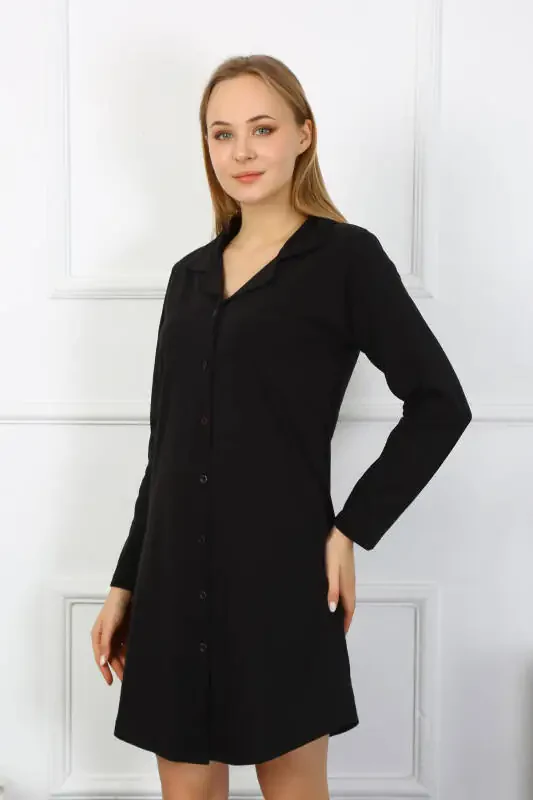 Akbeniz Women's Long Sleeve Buttoned Black Tunic Nightdress 13103 - 5