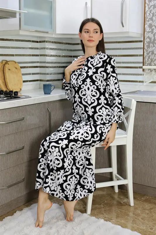 Akbeniz Women's Long Sleeve Knitted Nightgown Home Dress Black 25500 - 5