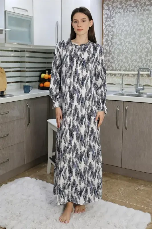 Akbeniz Women's Long Sleeve Knitted Nightgown Home Dress Blue 25500 - 4