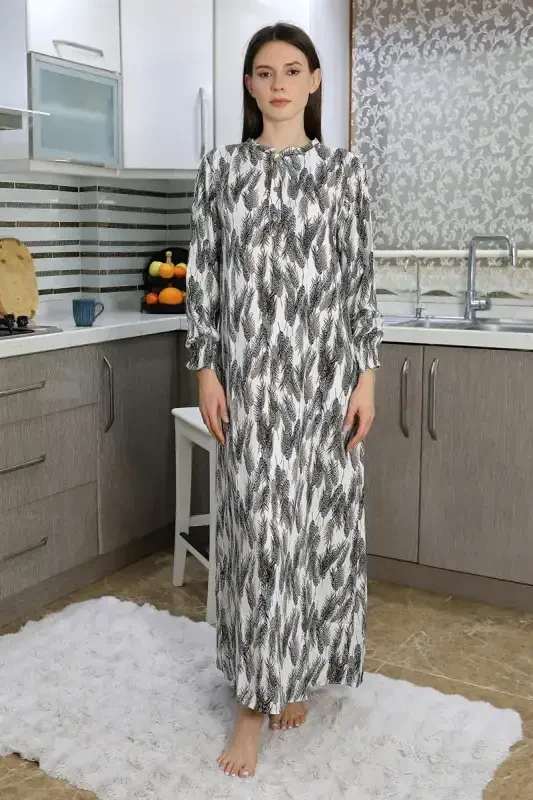 Akbeniz Women's Long Sleeve Knitted Nightgown Home Dress Ecru 25500 - 2