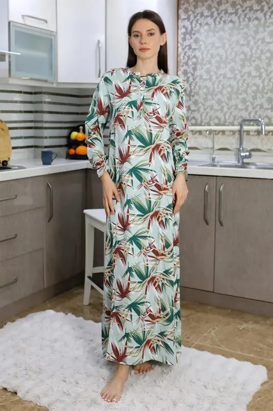 Akbeniz Women's Long Sleeve Knitted Nightgown Home Dress Green 25500 - AKBENIZ