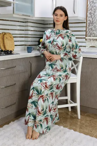 Akbeniz Women's Long Sleeve Knitted Nightgown Home Dress Green 25500 - AKBENIZ (1)