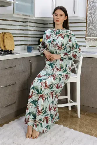 Akbeniz Women's Long Sleeve Knitted Nightgown Home Dress Green 25500 - Modazone (1)